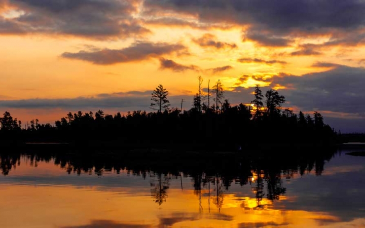 The orange and yellow light of a sunrise or sunset is reflected on a calm body of water. Between sky and water, there is a line of dark trees. 